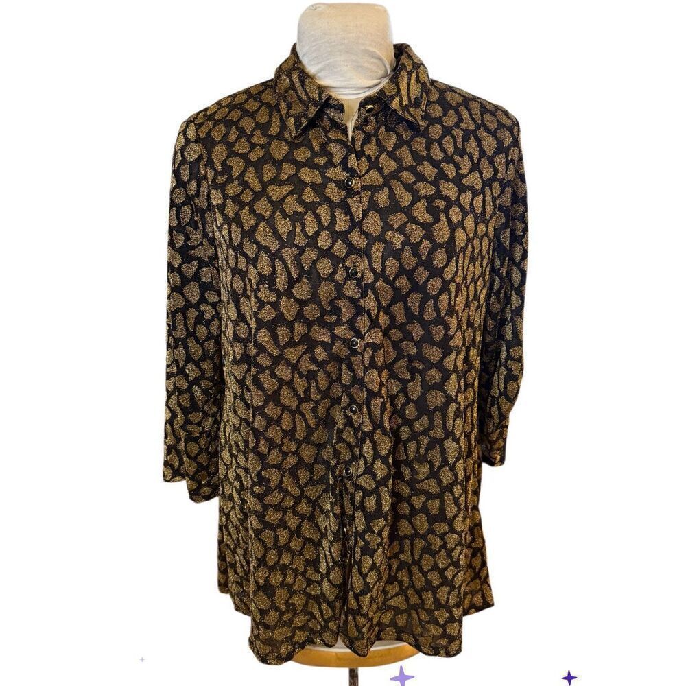 Melissa Paige Women's Long Sleeve Black and Gold Metallic Button Front Blouse L